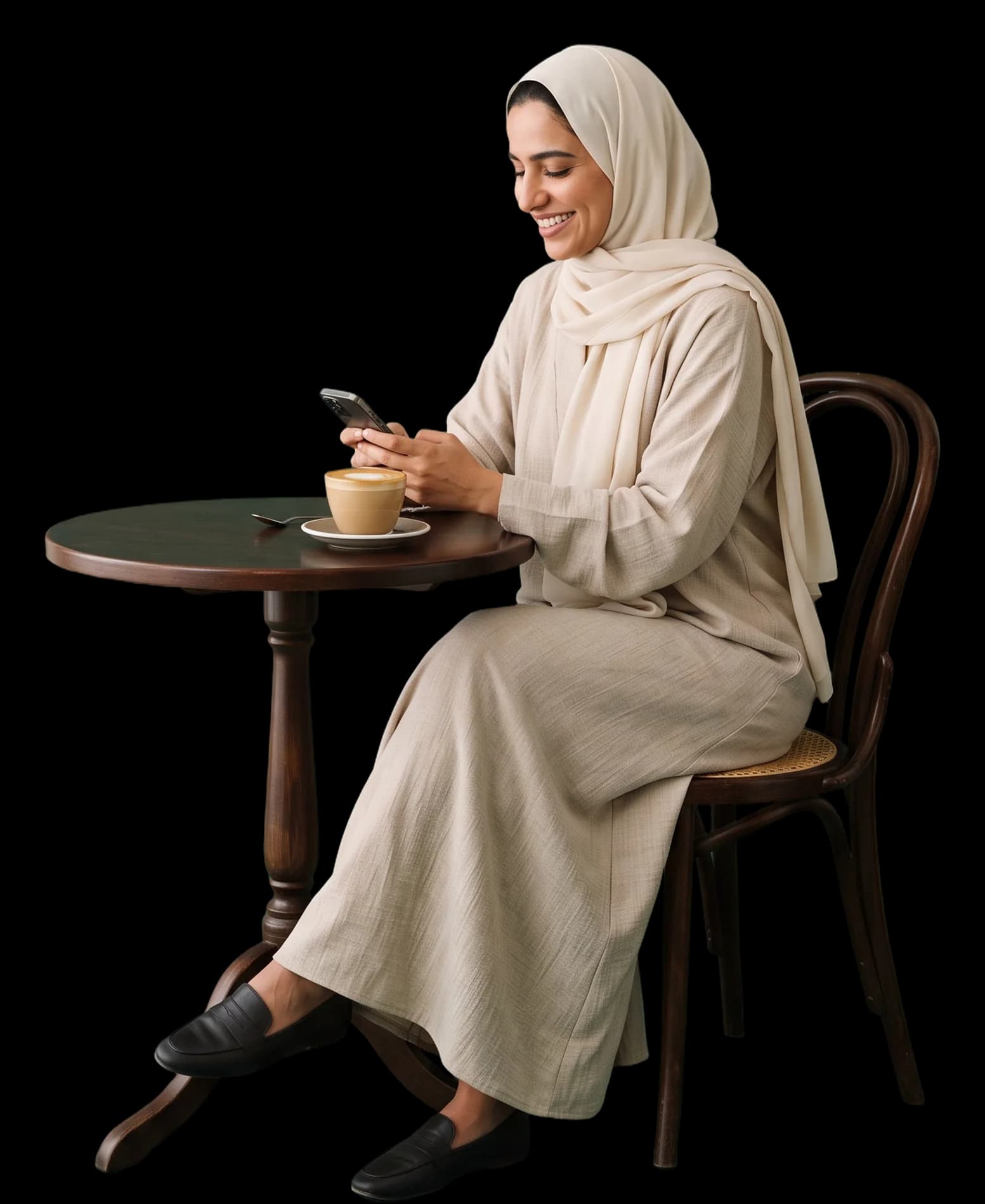 A woman at a café table reading her phone over coffee